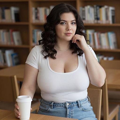 Photograph of a curvy, fair-skinned woman with dark, wavy hair, wearing a white, tight, low-cut t-shirt and high