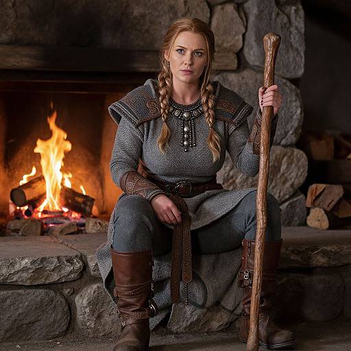 Photograph of a serious, blonde woman with braided hair, wearing medieval attire, holding a wooden staff, sitting by a roaring fireplace.