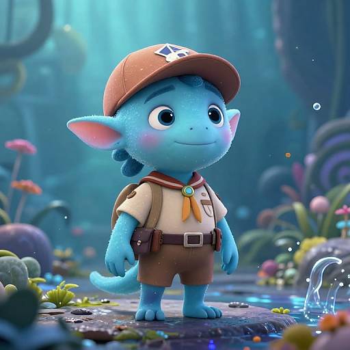 CGI image of a cute blue anthropomorphic lizard scout in brown hat and shirt, standing in a vibrant underwater forest.