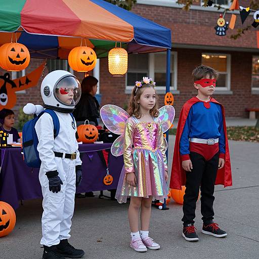 Photograph of three children in Halloween costumes: astronaut, fairy in gold dress, and Superman, standing in front of a colorful tent with orange jack-o