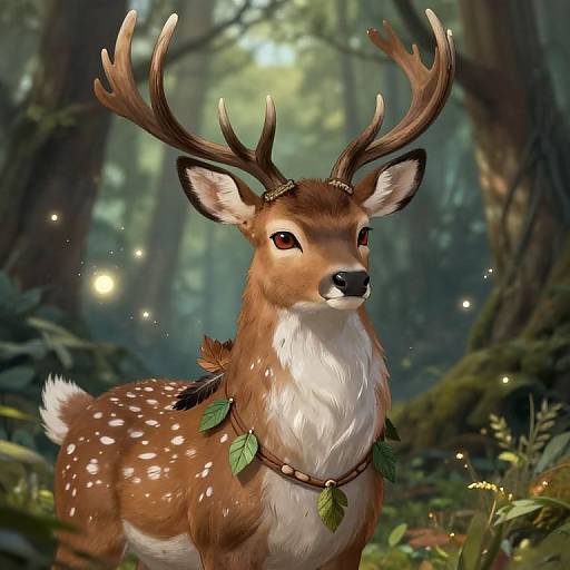 Digital art of a majestic deer with large antlers, adorned with leaf necklaces, in a enchanted forest with glowing fireflies.