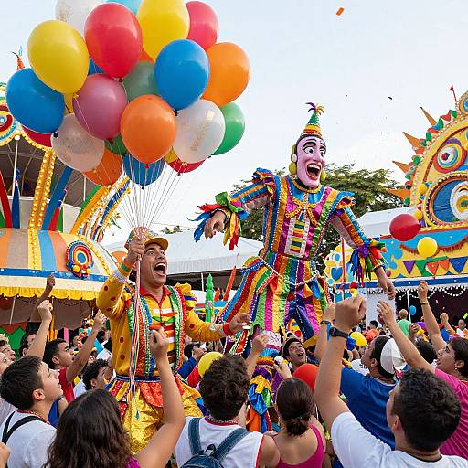 Exaggerated Carnival Scene with Balloon Performers
