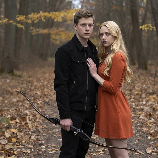 Serious Couple in Leafy Forest Path