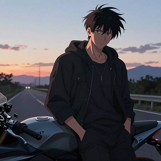 Anime-style digital drawing of a black-haired, serious young man in a hoodie and black shirt, sitting on a motorcycle at sunset on a deserted road.