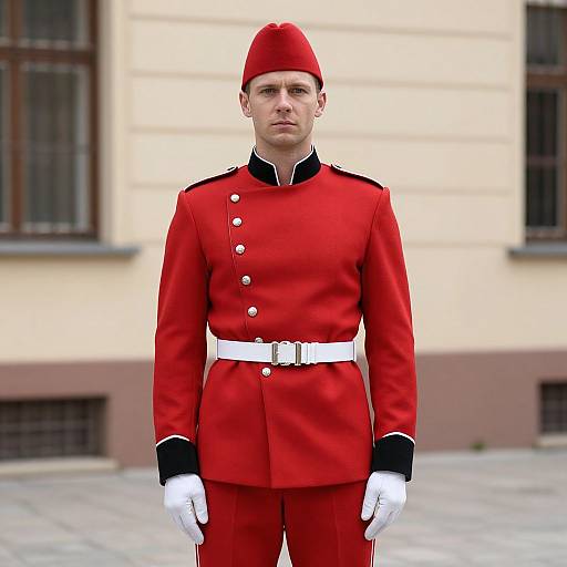 Red Soldier in Uniform Front Building
