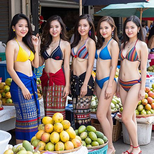 Photograph of five Asian women in colorful bikinis, standing in front of a fruit stall with baskets of mangoes and melons.