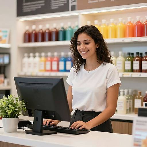 Photograph of a smiling young woman with curly black hair, wearing a white t-shirt, typing on a computer in a brightly lit, modern store with
