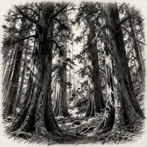 Black-and-white digital drawing of towering, dense forest trees with detailed bark textures, ferns at the base, and a bright, light-filled background.