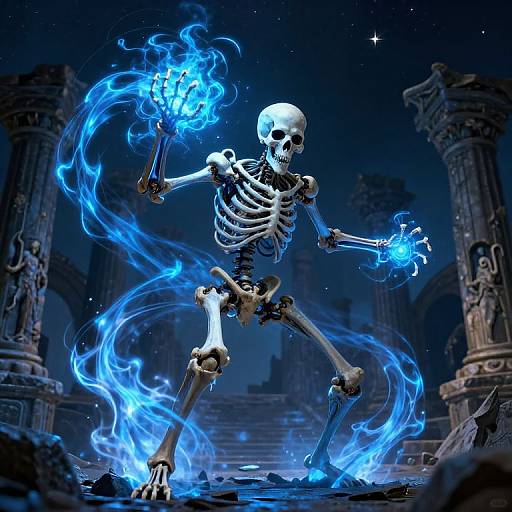 CGI image of a glowing blue skeletal warrior casting fiery blue magic spells in a ruined, dark blue, ancient temple.