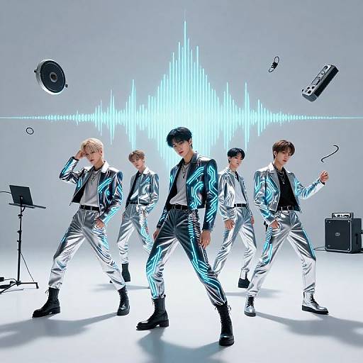 Photograph of five young men in silver, neon-trimmed suits, dancing in front of a glowing blue waveform background with floating audio equipment.