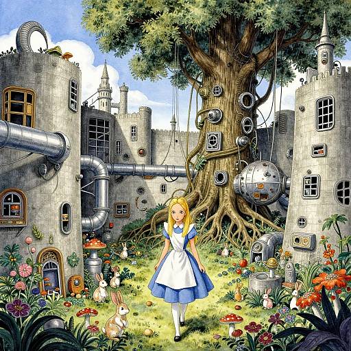 Digital drawing of a blonde girl in a blue dress standing in a whimsical garden with a giant tree, castle, rabbits, flowers, and pipes.