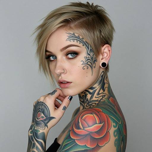Photograph of a pale-skinned, blue-eyed woman with short, blonde, undercut hair, numerous tattoos, nose and ear piercings, and