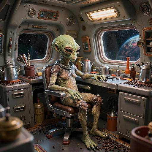 Tired Alien Chef in Futuristic Kitchen