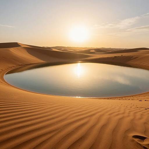 Photograph of a serene desert oasis at sunset, featuring rippled sand dunes surrounding a still, circular water pool reflecting the bright, golden sun.