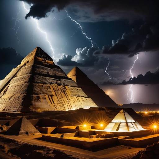 Lightning Storm Over Illuminated Pyramids at Night