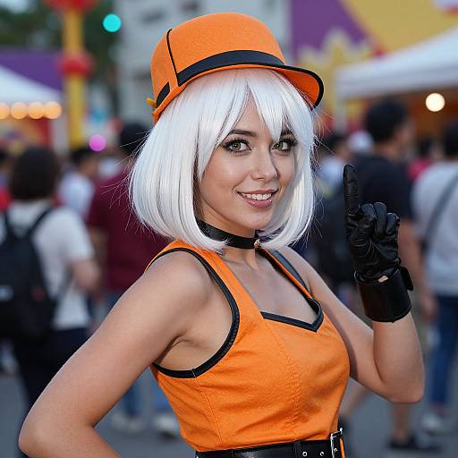Photograph of a smiling woman with white bob haircut, orange hat, black gloves, and orange tank top, posing outdoors at a busy, colorful fair