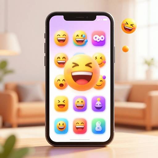 Photograph of a black smartphone with colorful emoji faces on the screen, set against a blurred, brightly lit living room background.