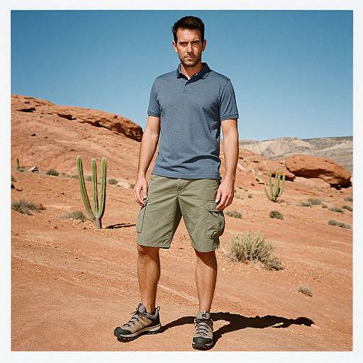 Photograph of a man with short dark hair, wearing a blue polo shirt, olive green shorts, and gray sneakers, standing in a sunny, red