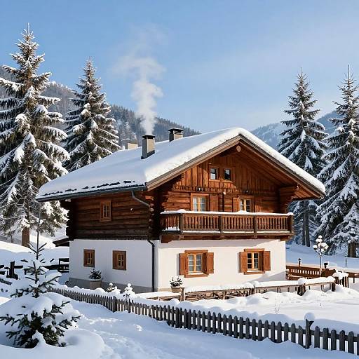 Photograph of a snow-covered, wooden chalet with a balcony, surrounded by snow-laden pine trees, wooden fence, and clear blue sky.