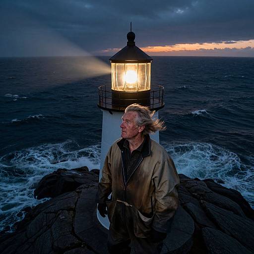 Lighthouse Keeper Amid Stormy Dusk