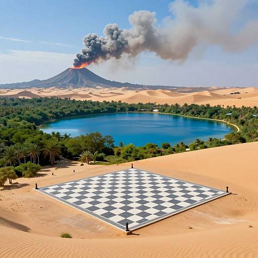 Photograph: Black-and-white chessboard on desert sand near blue lake, with erupting volcano emitting dark smoke in background, surrounded by palm trees.
