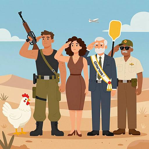 Military and Civilian Figures Saluting in Desert