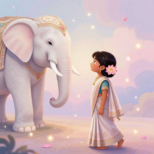 Digital illustration of a young Indian girl with a flower in her hair, wearing a traditional white saree, standing beside a majestic, adorned white elephant under