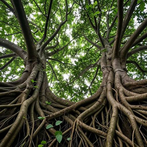 Photograph of two massive tree trunks with extensive, tangled roots and dense green foliage, viewed from below, looking up at the sky.