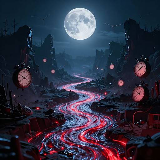 Digital art of a surreal, moonlit landscape with a glowing red and blue winding river, surrounded by floating clocks and eerie, dark mountains.