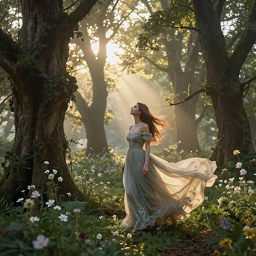 Photograph of a woman in a flowing, off-shoulder, light green dress, standing in a sunlit, enchanted forest, surrounded by white