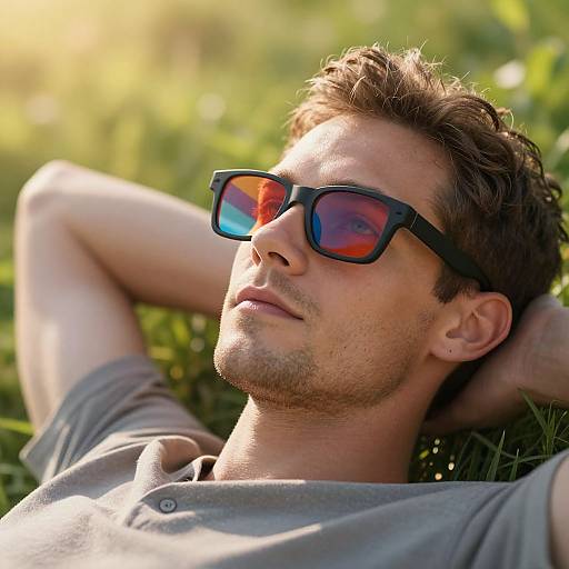 Photograph of a handsome, light-skinned man with short brown hair, wearing black sunglasses with red lenses, and a gray polo shirt, reclining