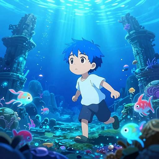 Digital anime-style drawing: Blue-haired boy in white shirt and black shorts runs underwater, surrounded by colorful fish and ruins under bright blue light.