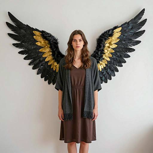 Young Woman with Black and Gold Angel Wings