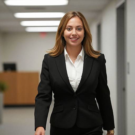 Photograph of a smiling woman with straight brown hair, wearing a black blazer and white shirt, walking in a brightly lit office hallway.