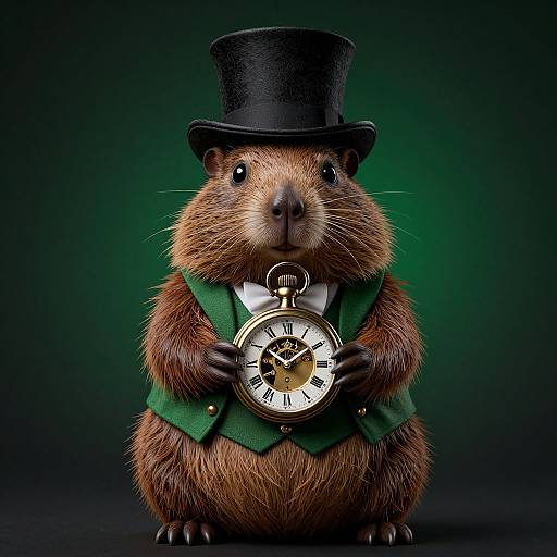 Photorealistic CGI of a brown hamster wearing a black top hat, green vest, and holding a vintage pocket watch, against a dark green gradient