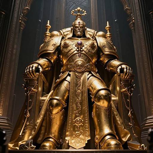 Photorealistic CGI image of a majestic, golden-armored king with a crown, seated on an ornate throne in a dimly lit, go