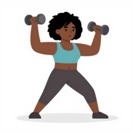 Digital illustration of a dark-skinned woman with curly black hair, wearing a light blue sports bra and dark gray leggings, holding dumbbells while standing