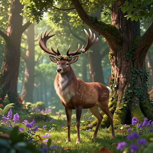 Digital artwork of a majestic deer with large antlers, wearing a flower crown, standing in a sunlit, enchanted forest with vibrant purple flowers and towering