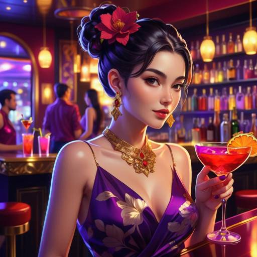 Elegant Anime Woman in Festive Bar