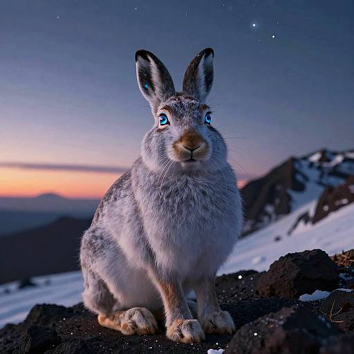 Photograph of a grey rabbit with glowing blue eyes, sitting on a snow-covered mountain peak at twilight, under a starry sky.