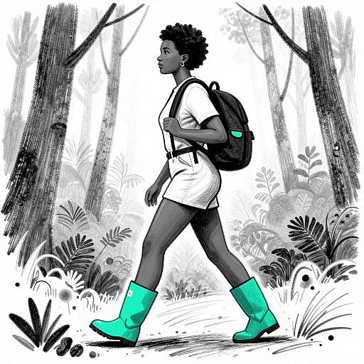 Black and White Sketch with Teal Highlights