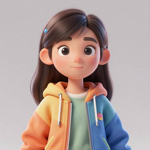 Digital 3D cartoon girl with large eyes, dark hair, orange-yellow-blue hoodie, green shirt, hair clip, smiling, white background.