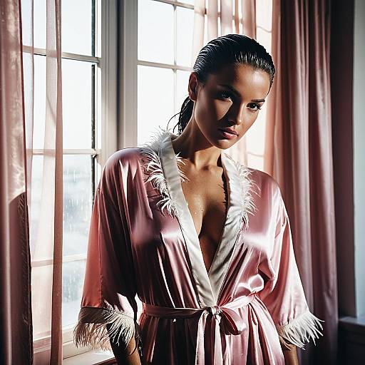 Woman in Pink Silk Robe by Window