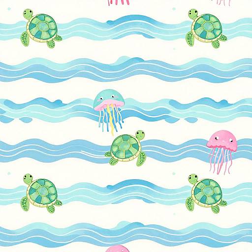 Cartoon-style digital illustration of green sea turtles and pink jellyfish swimming in light blue wavy ocean patterns on a white background.