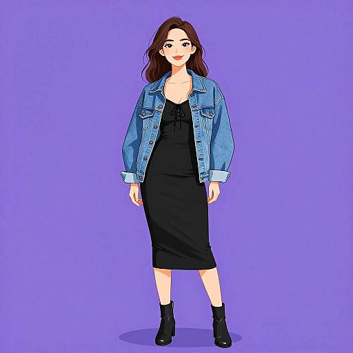 Digital illustration of a smiling woman with wavy brown hair, wearing a blue denim jacket over a black dress and black ankle boots, against a solid purple