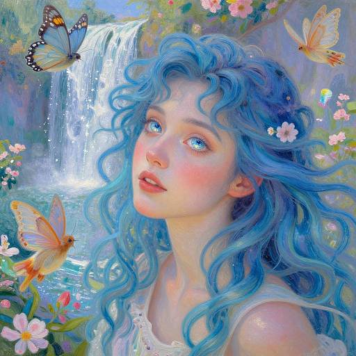 Digital painting of a fair-skinned woman with flowing blue hair, surrounded by butterflies, near a waterfall, with flowers and vibrant colors.