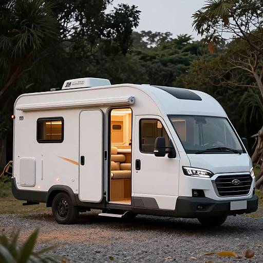 Photograph of a white, modern motorhome with black accents, open door revealing beige interior, parked on gravel in a forested area.