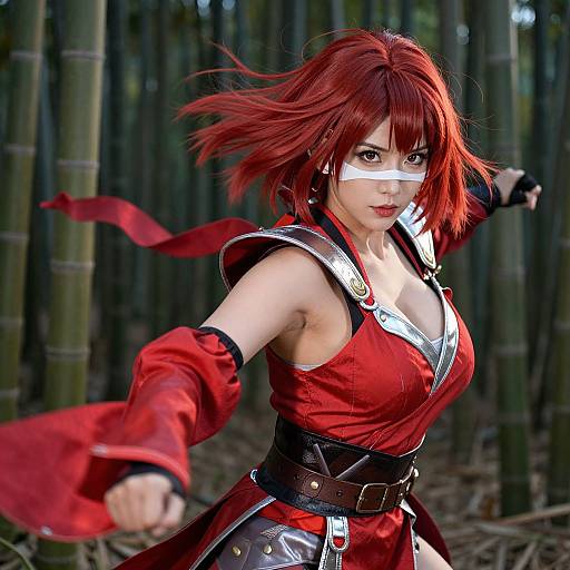 Digital artwork of a fierce red-haired woman in a red ninja outfit with white bandage on her cheek, fighting in a bamboo forest. Her expression is