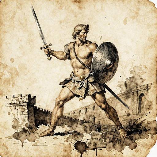 Ink Illustration of Achilles Charging with Sword and Shield