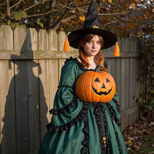 Photograph of a young woman in a green Halloween dress with black frills, black witch hat with orange tassels, holding a carved pumpkin,
